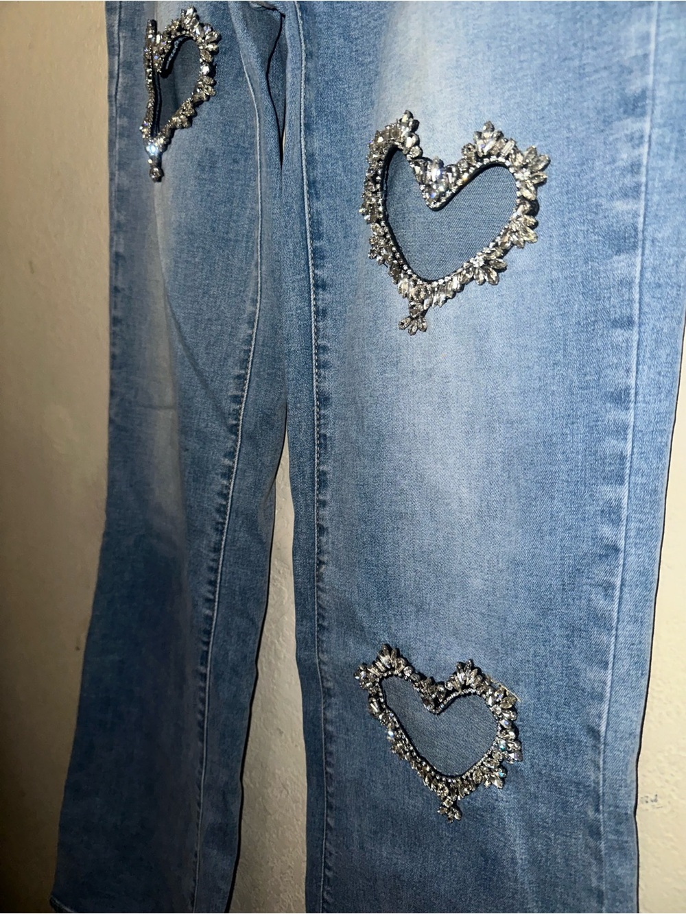 Light Blue Women's Jeweled Heart Cutout Jeans